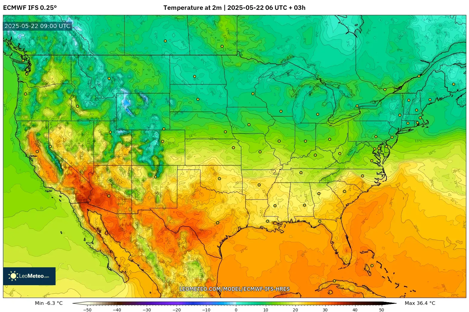 ECMWF IFS 0.25° model - United States, Temperature at 2m ECMWF IFS 0.25° model - United States, Temperature at 2m