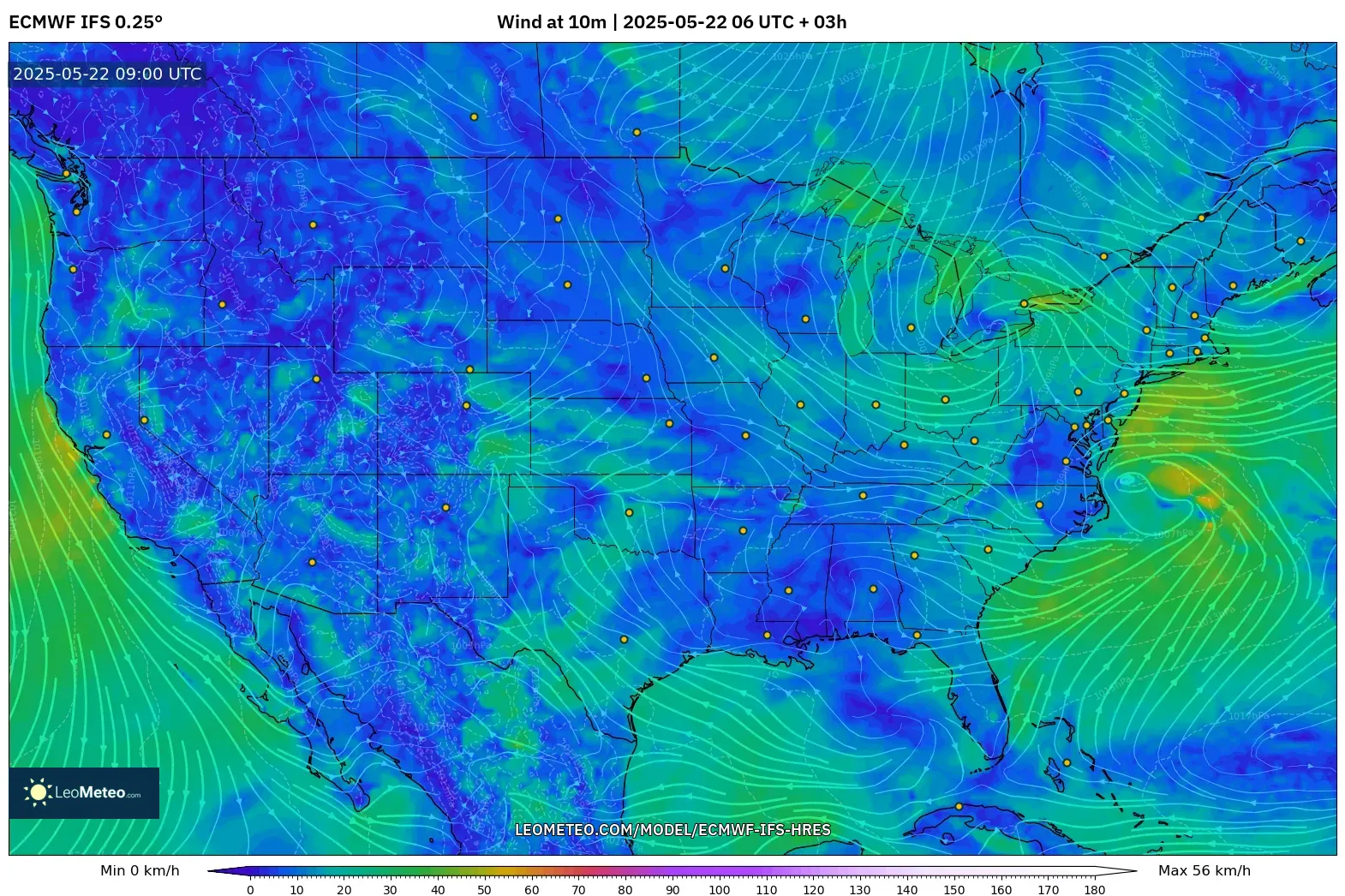 ECMWF IFS 0.25° model - United States, Wind at 10m ECMWF IFS 0.25° model - United States, Wind at 10m