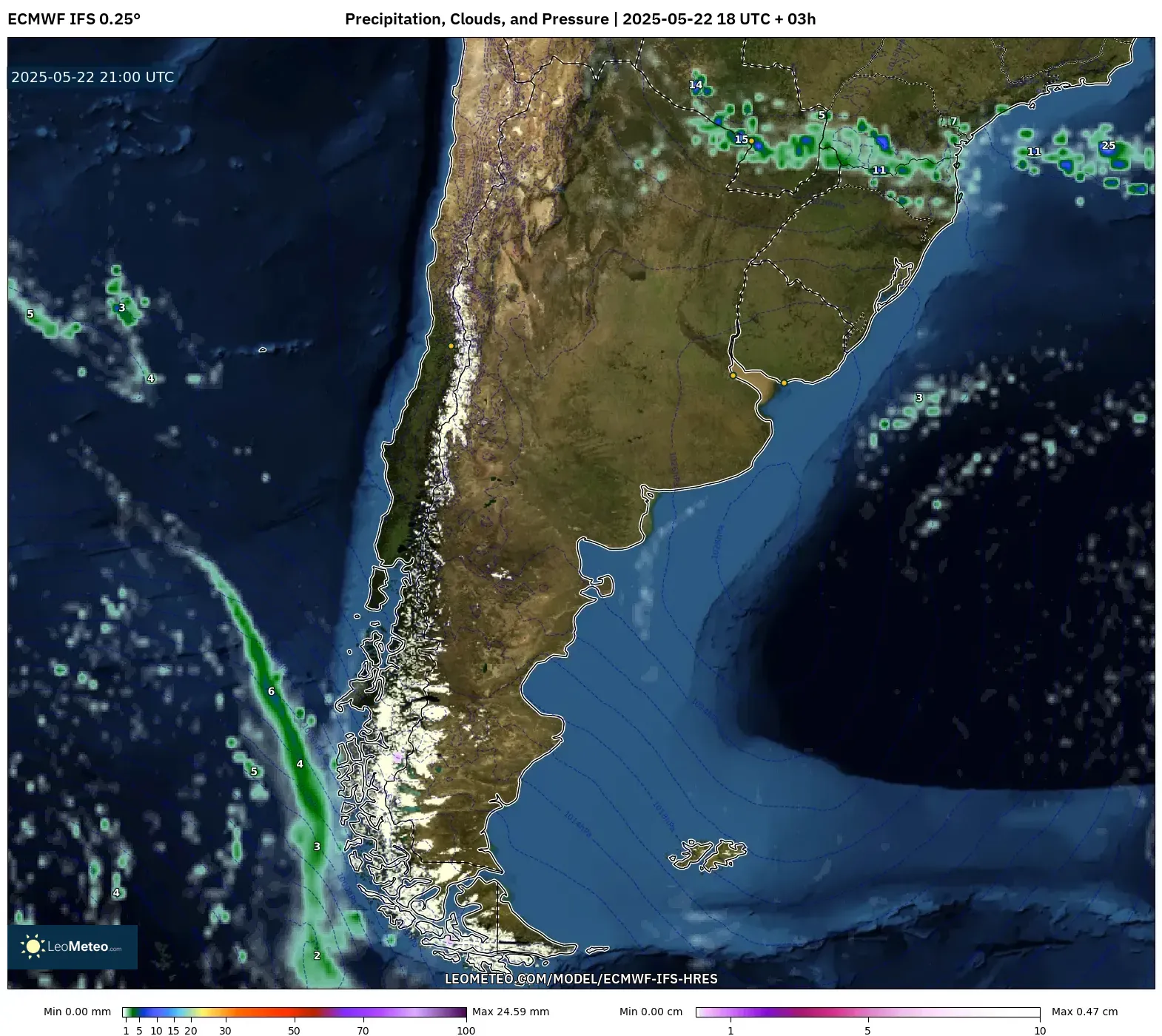 ECMWF IFS 0.25° model - Argentina, Precipitation, Clouds, and Pressure ECMWF IFS 0.25° model - Argentina, Precipitation, Clouds, and Pressure