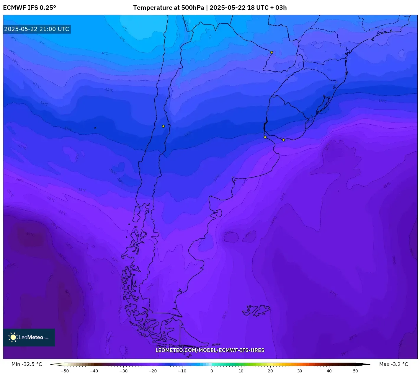 ECMWF IFS 0.25° model - Argentina, Temperature at 500hPa ECMWF IFS 0.25° model - Argentina, Temperature at 500hPa