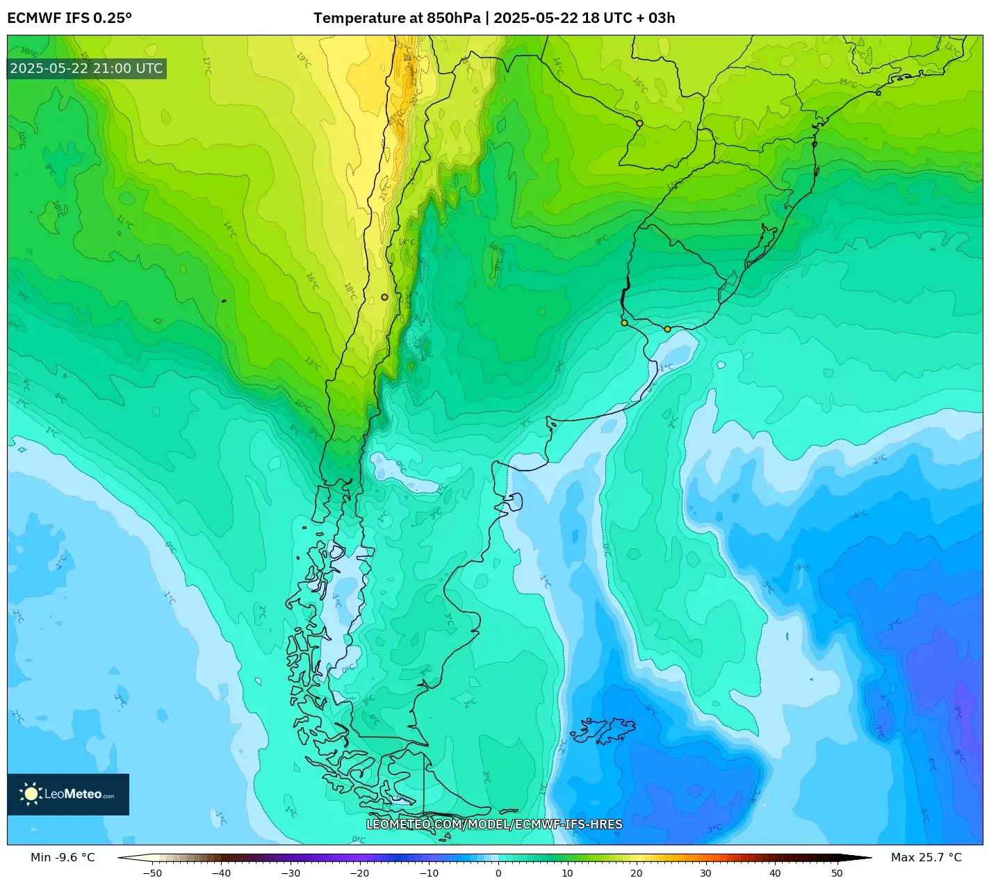 ECMWF IFS 0.25° model - Argentina, Temperature at 850hPa ECMWF IFS 0.25° model - Argentina, Temperature at 850hPa