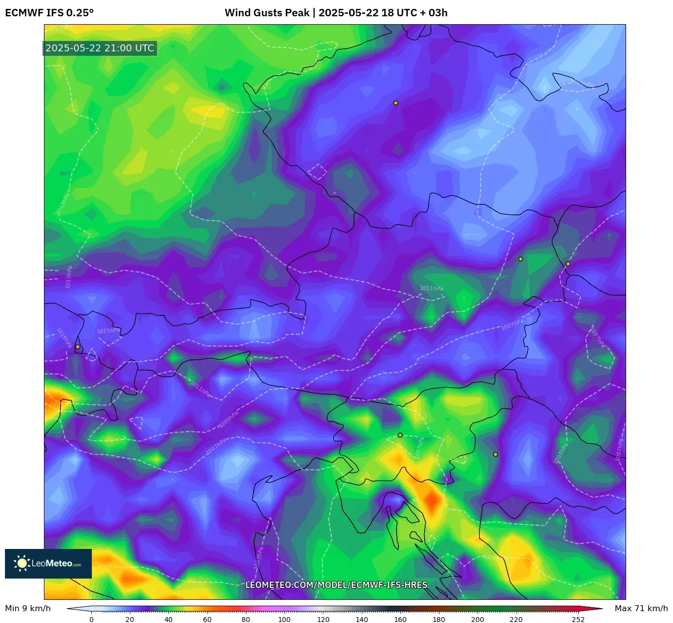 ECMWF IFS 0.25° model - Austria, Wind Gusts Peak ECMWF IFS 0.25° model - Austria, Wind Gusts Peak