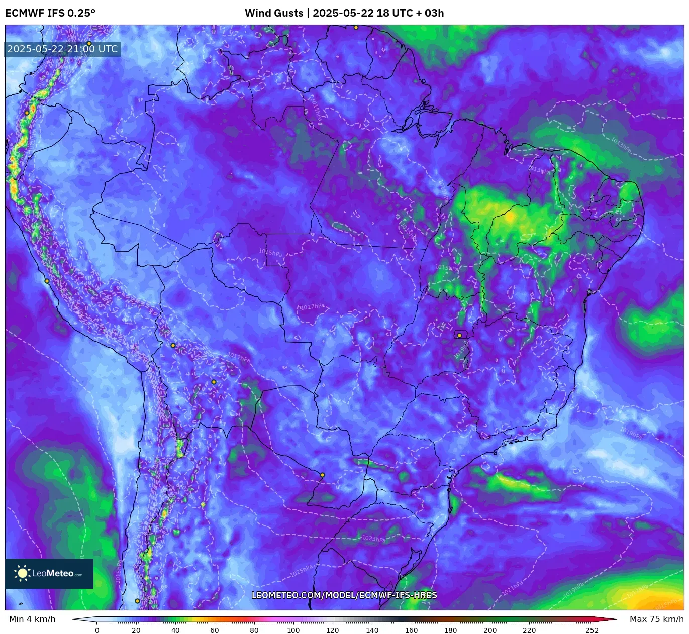 ECMWF IFS 0.25° model - Brazil, Wind Gusts ECMWF IFS 0.25° model - Brazil, Wind Gusts