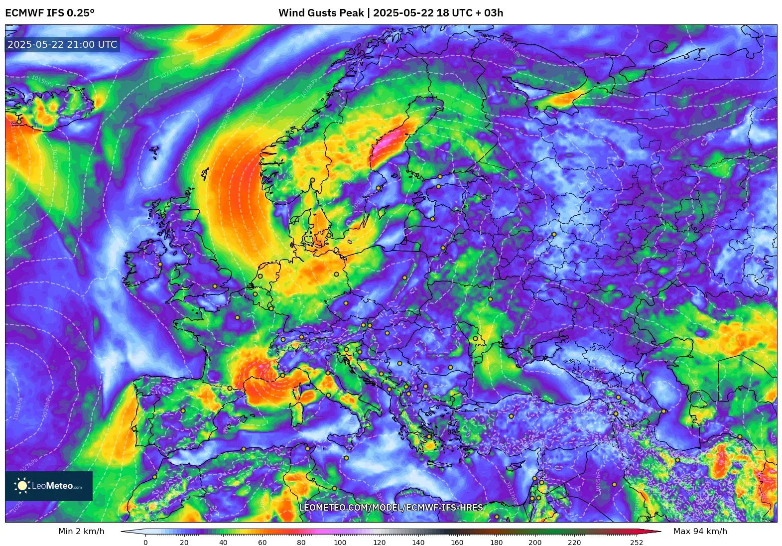 ECMWF IFS 0.25° model - Europe, Wind Gusts Peak