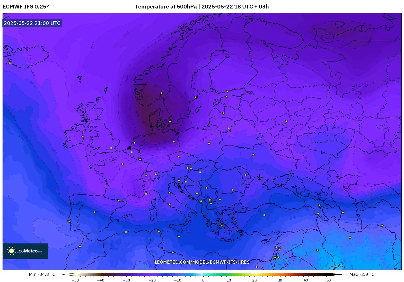 ECMWF IFS 0.25° model - Europe, Temperature at 500hPa