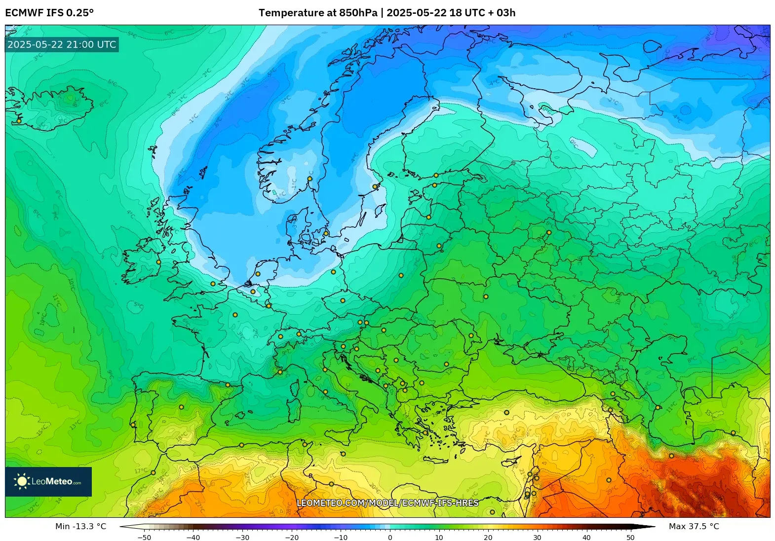 ECMWF IFS 0.25° model - Europe, Temperature at 850hPa