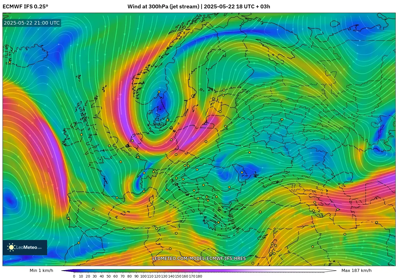 ECMWF IFS 0.25° model - Europe, Wind at 300hPa (jet stream)