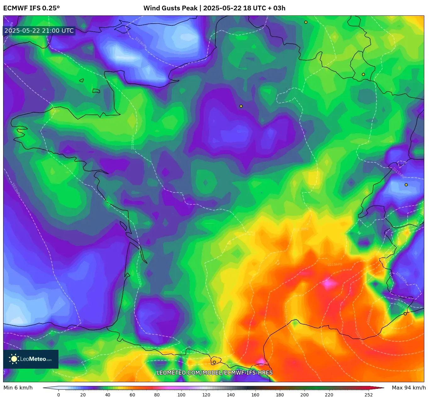 ECMWF IFS 0.25° model - France, Wind Gusts Peak ECMWF IFS 0.25° model - France, Wind Gusts Peak