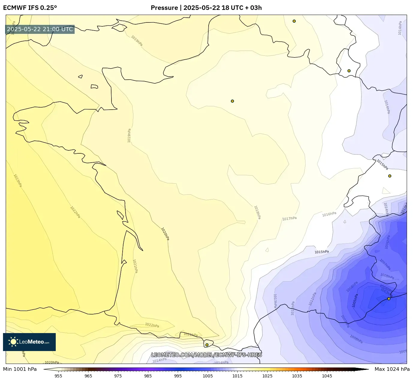 ECMWF IFS 0.25° model - France, Pressure ECMWF IFS 0.25° model - France, Pressure