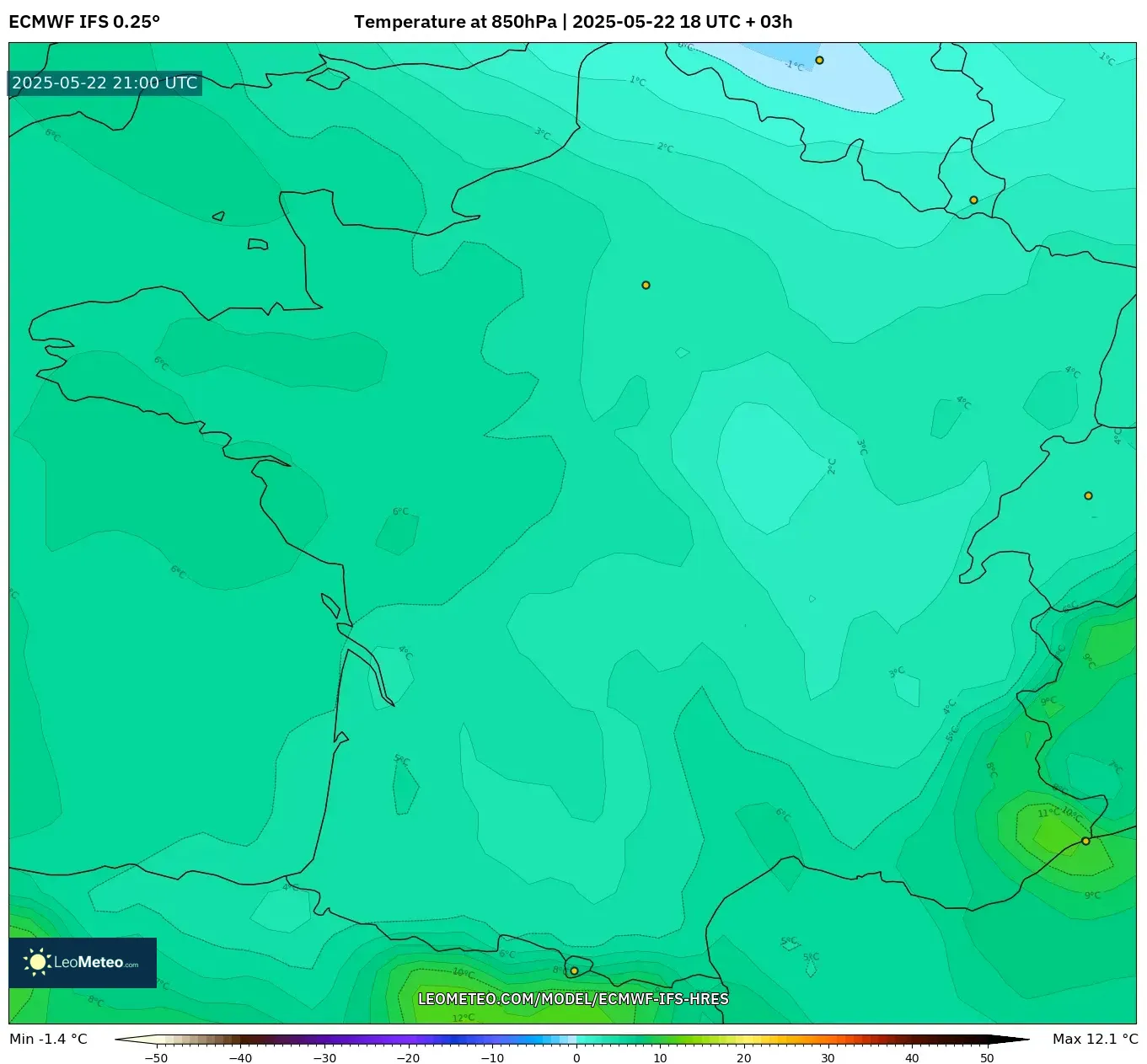 ECMWF IFS 0.25° model - France, Temperature at 850hPa ECMWF IFS 0.25° model - France, Temperature at 850hPa