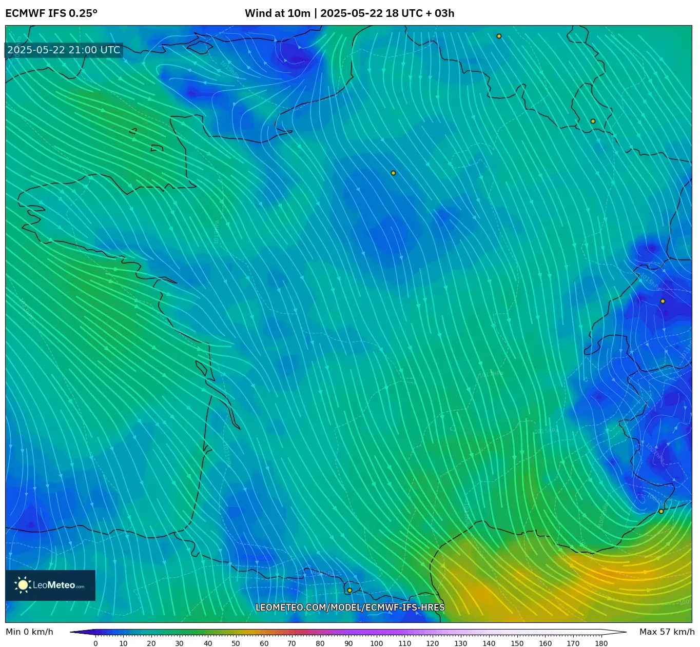 ECMWF IFS 0.25° model - France, Wind at 10m ECMWF IFS 0.25° model - France, Wind at 10m