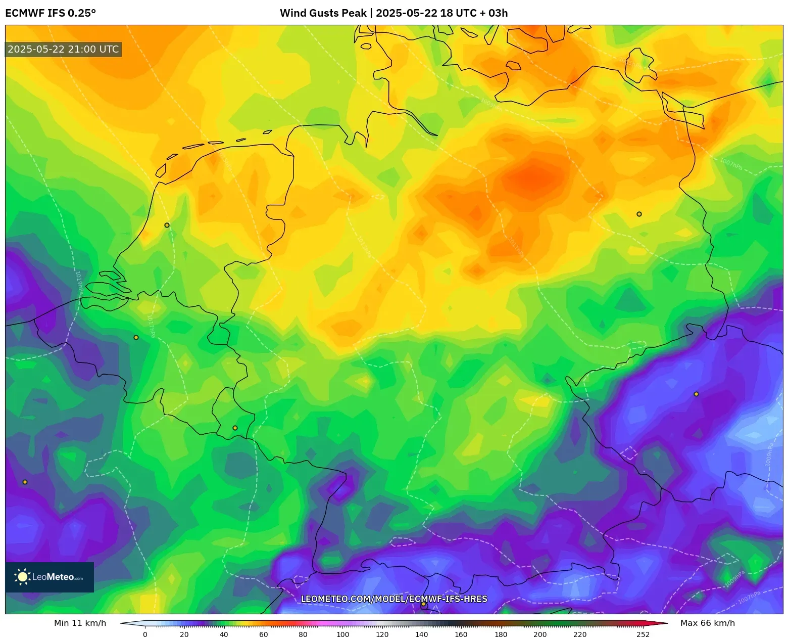 ECMWF IFS 0.25° model - Germany, Wind Gusts Peak ECMWF IFS 0.25° model - Germany, Wind Gusts Peak
