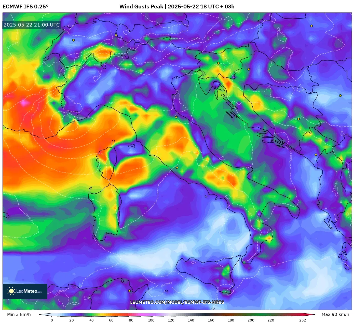 ECMWF IFS 0.25° model - Italy, Wind Gusts Peak ECMWF IFS 0.25° model - Italy, Wind Gusts Peak