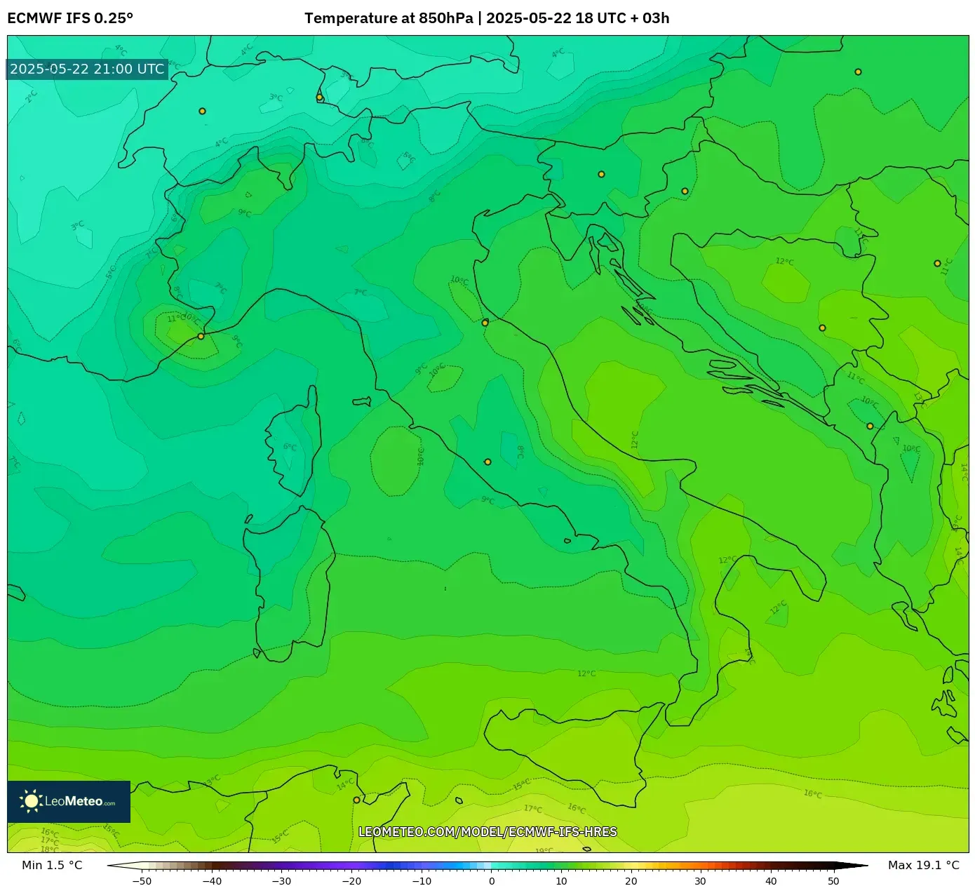 ECMWF IFS 0.25° model - Italy, Temperature at 850hPa ECMWF IFS 0.25° model - Italy, Temperature at 850hPa