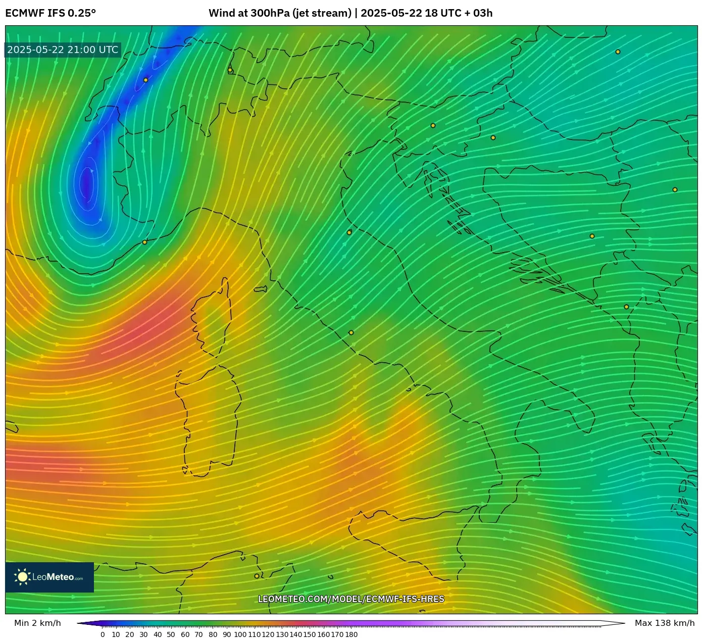 ECMWF IFS 0.25° model - Italy, Wind at 300hPa (jet stream) ECMWF IFS 0.25° model - Italy, Wind at 300hPa (jet stream)