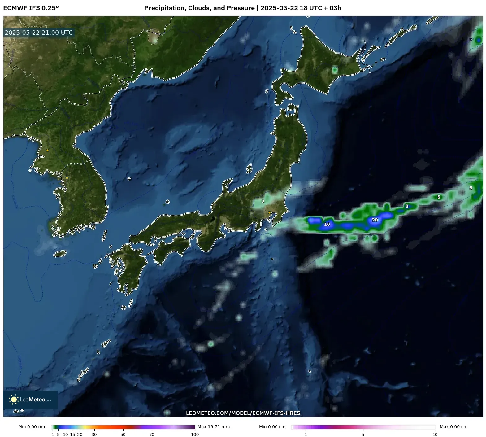 ECMWF IFS 0.25° model - Japan, Precipitation, Clouds, and Pressure ECMWF IFS 0.25° model - Japan, Precipitation, Clouds, and Pressure