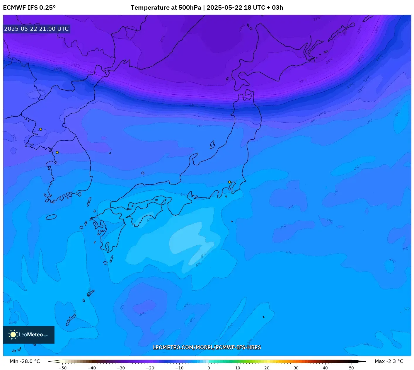 ECMWF IFS 0.25° model - Japan, Temperature at 500hPa ECMWF IFS 0.25° model - Japan, Temperature at 500hPa