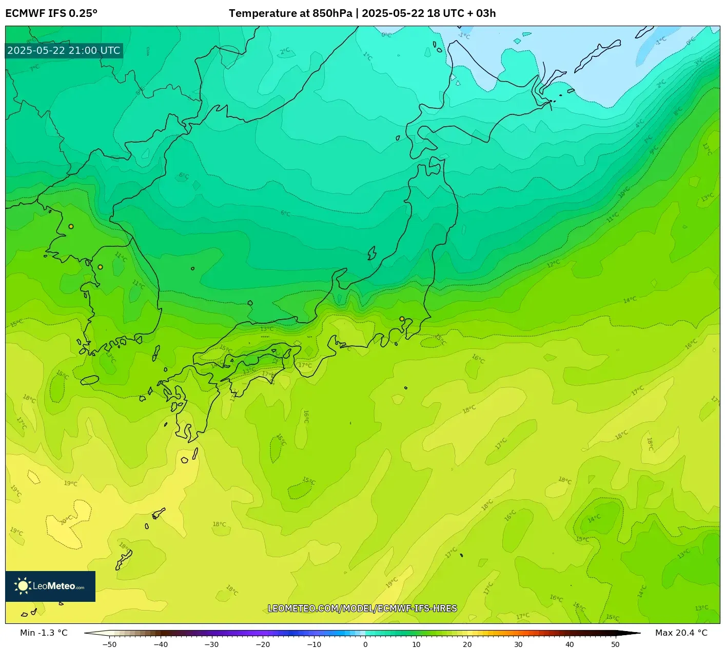 ECMWF IFS 0.25° model - Japan, Temperature at 850hPa ECMWF IFS 0.25° model - Japan, Temperature at 850hPa