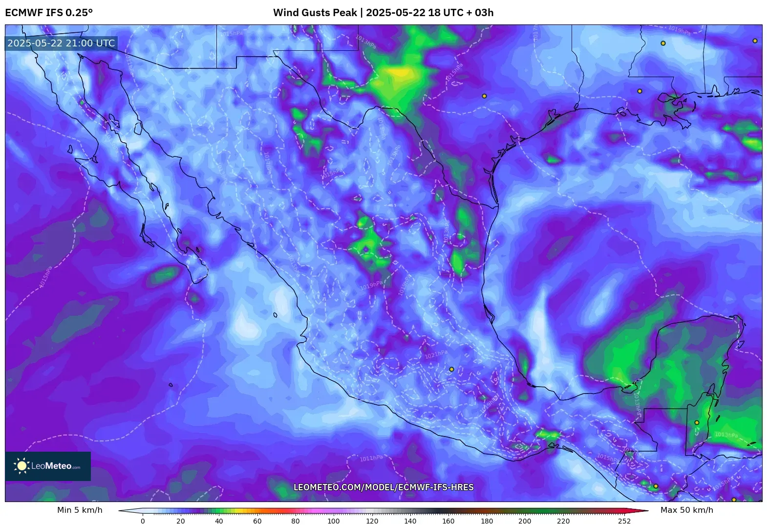 ECMWF IFS 0.25° model - Mexico, Wind Gusts Peak ECMWF IFS 0.25° model - Mexico, Wind Gusts Peak