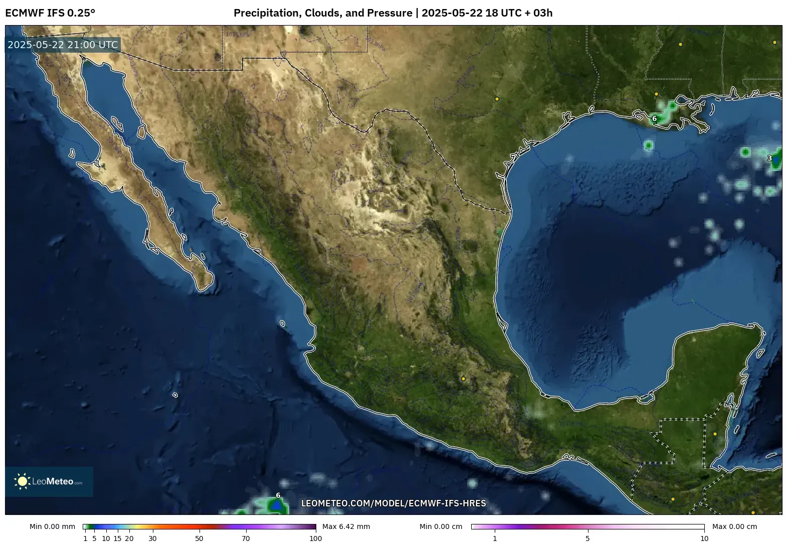 ECMWF IFS 0.25° model - Mexico, Precipitation, Clouds, and Pressure ECMWF IFS 0.25° model - Mexico, Precipitation, Clouds, and Pressure