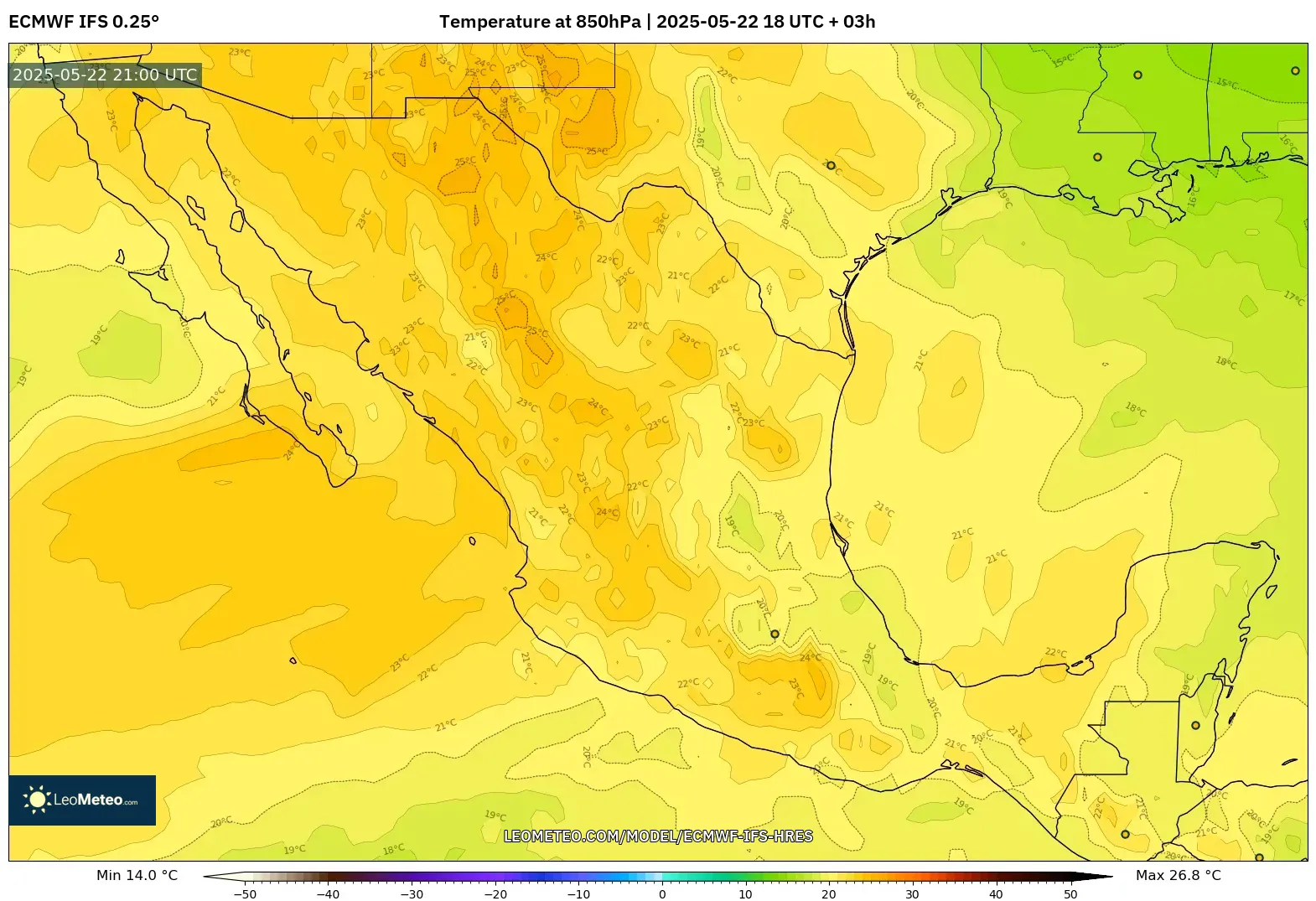 ECMWF IFS 0.25° model - Mexico, Temperature at 850hPa ECMWF IFS 0.25° model - Mexico, Temperature at 850hPa