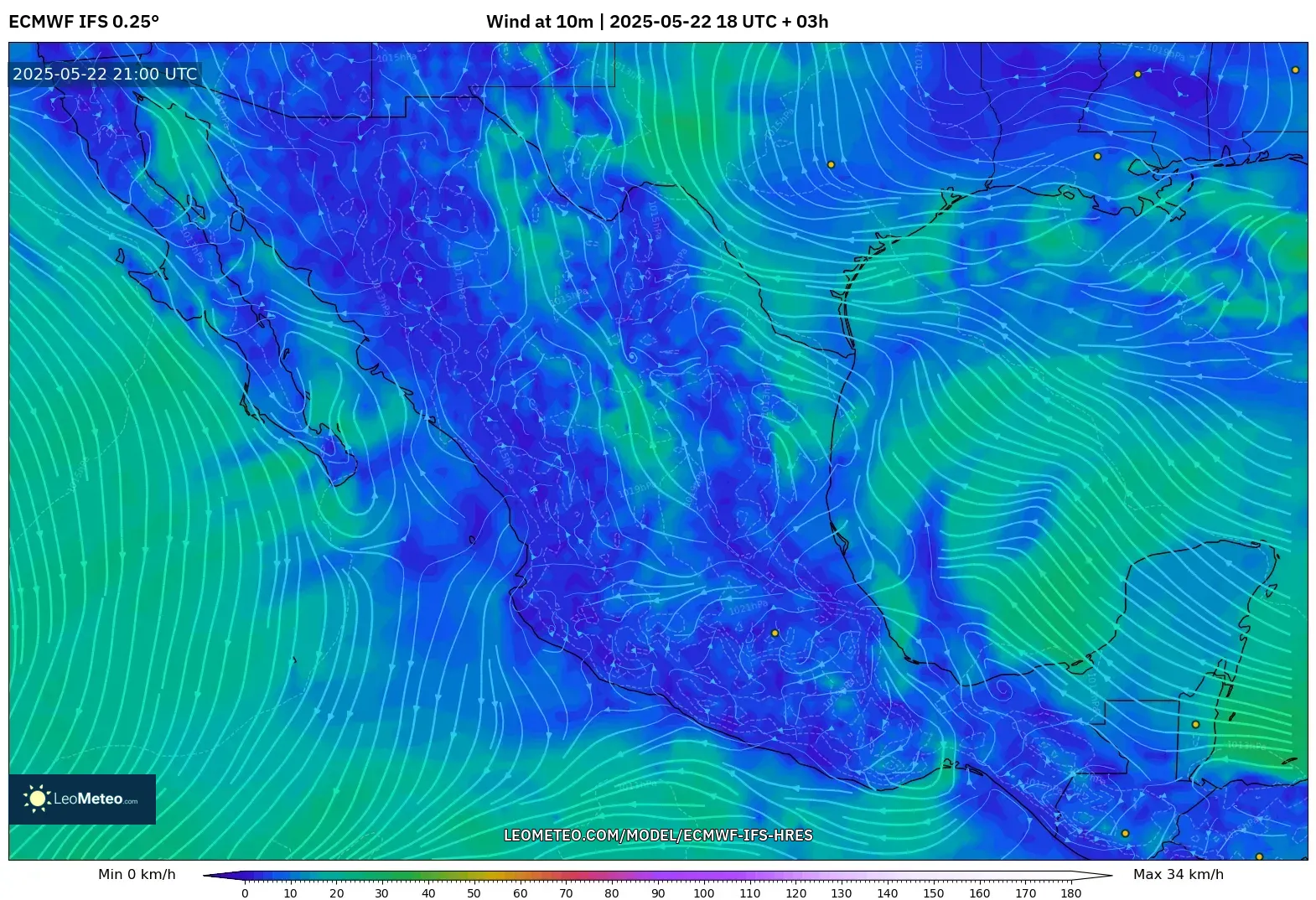 ECMWF IFS 0.25° model - Mexico, Wind at 10m ECMWF IFS 0.25° model - Mexico, Wind at 10m