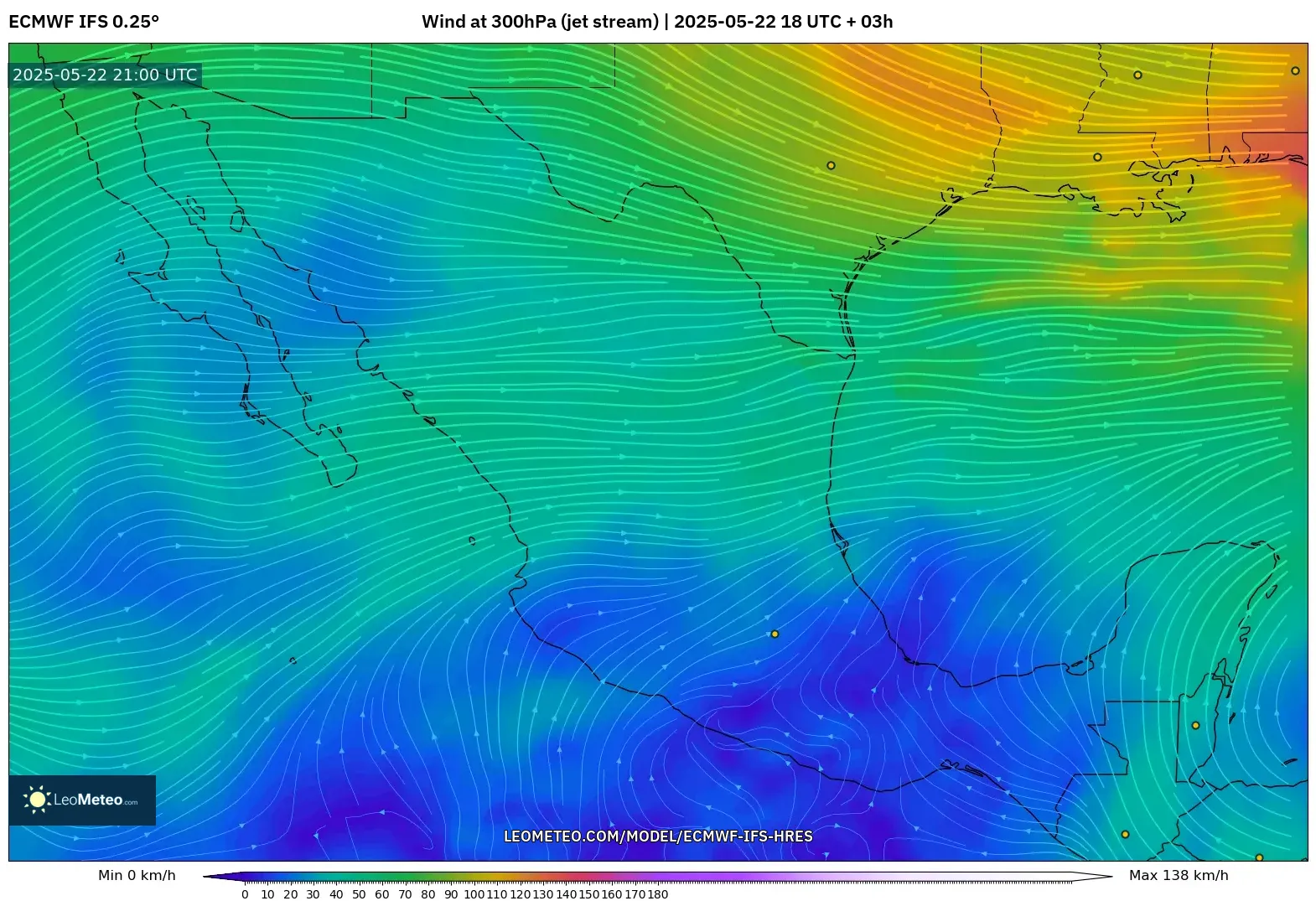 ECMWF IFS 0.25° model - Mexico, Wind at 300hPa (jet stream) ECMWF IFS 0.25° model - Mexico, Wind at 300hPa (jet stream)