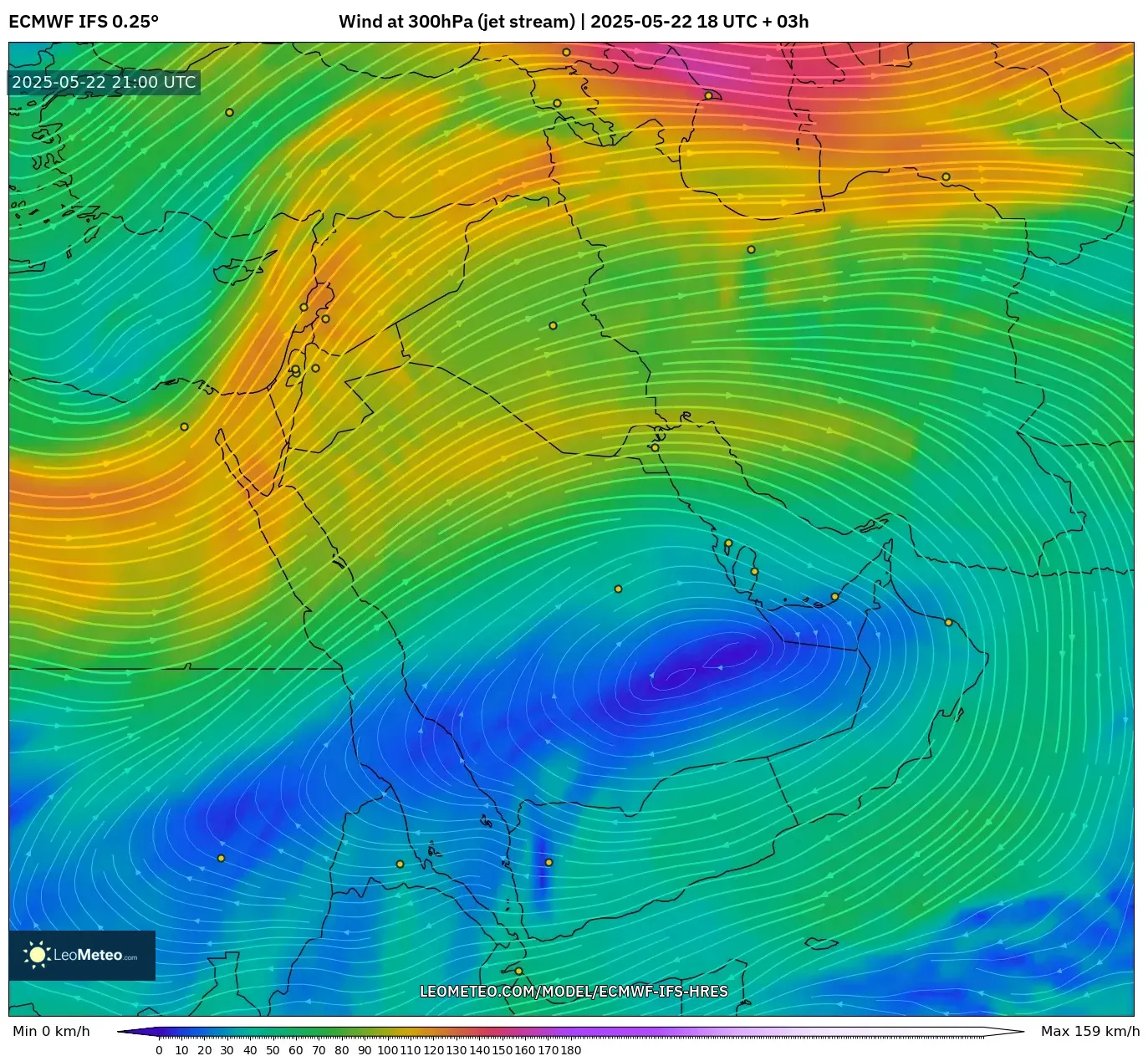 ECMWF IFS 0.25° model - Middle East, Wind at 300hPa (jet stream) ECMWF IFS 0.25° model - Middle East, Wind at 300hPa (jet stream)