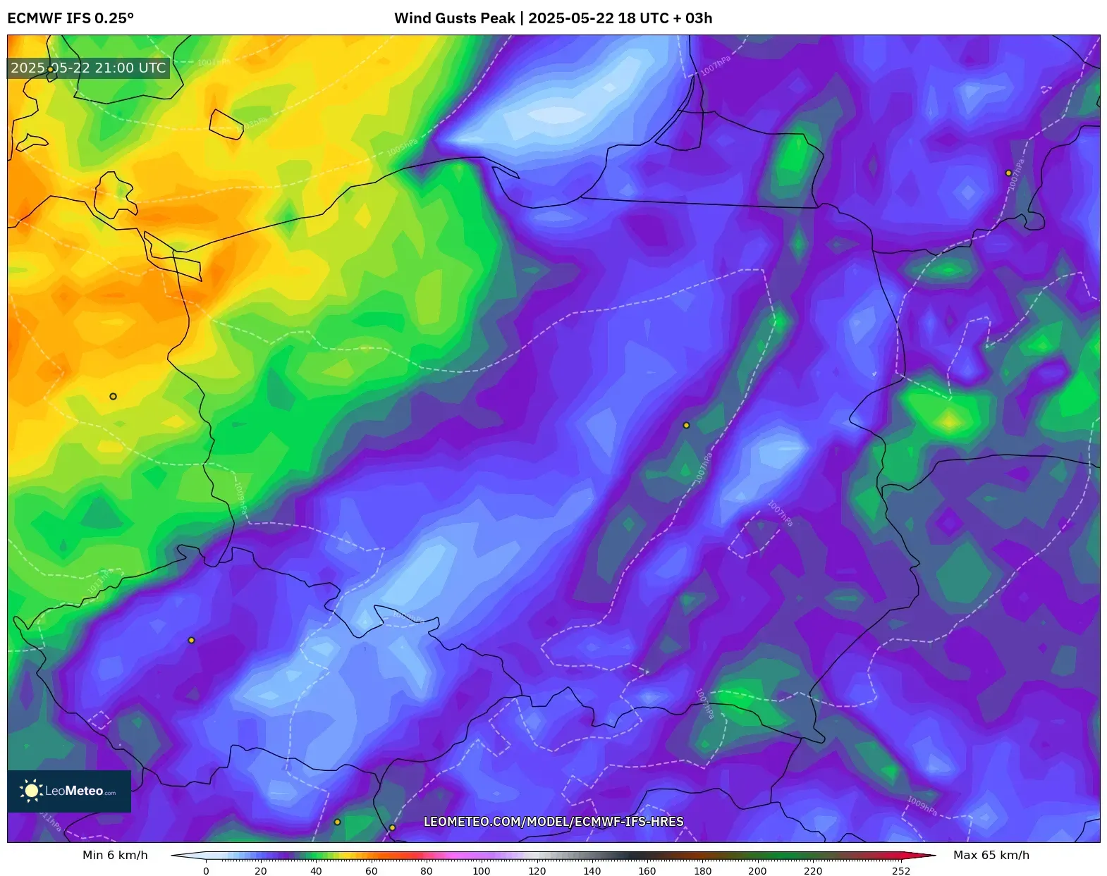 ECMWF IFS 0.25° model - Poland, Wind Gusts Peak ECMWF IFS 0.25° model - Poland, Wind Gusts Peak