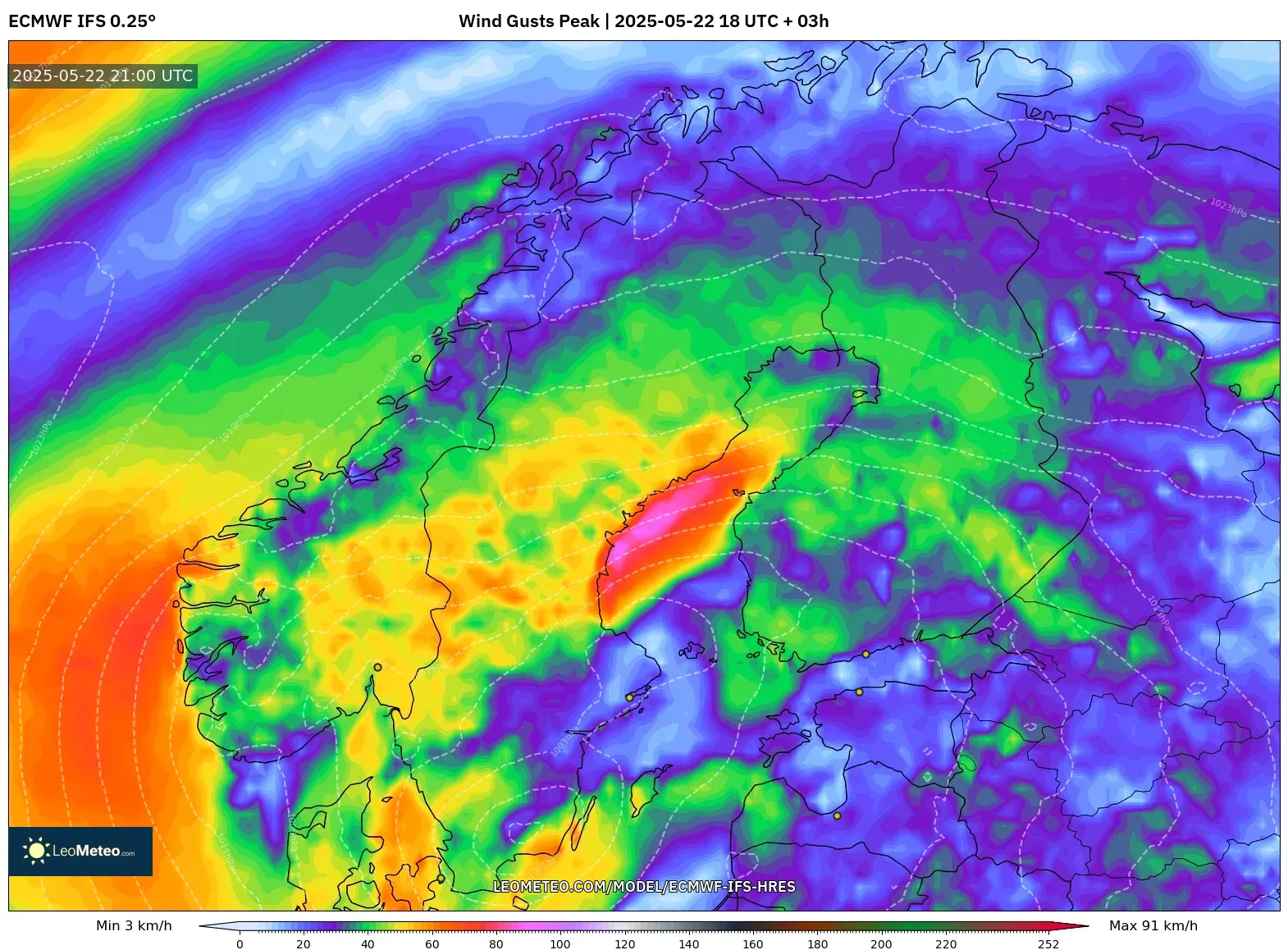 ECMWF IFS 0.25° model - Scandinavia, Wind Gusts Peak ECMWF IFS 0.25° model - Scandinavia, Wind Gusts Peak