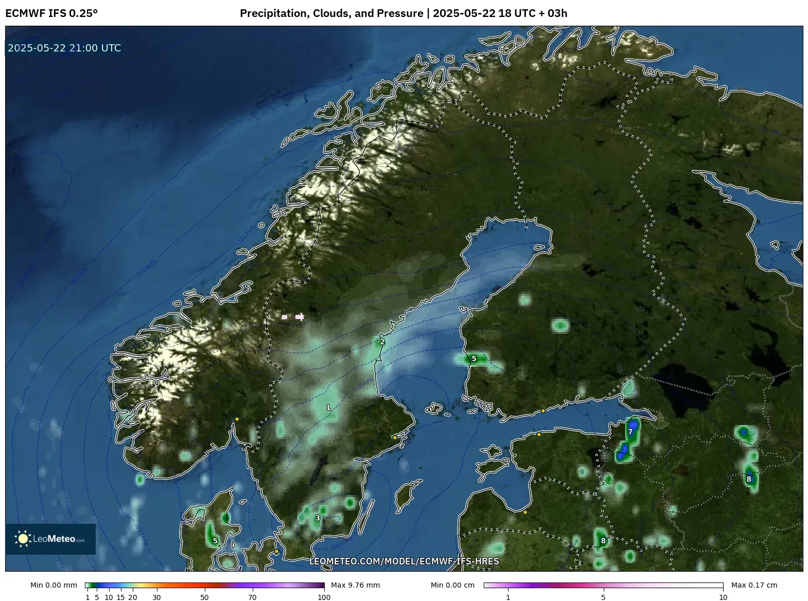 ECMWF IFS 0.25° model - Scandinavia, Precipitation, Clouds, and Pressure ECMWF IFS 0.25° model - Scandinavia, Precipitation, Clouds, and Pressure