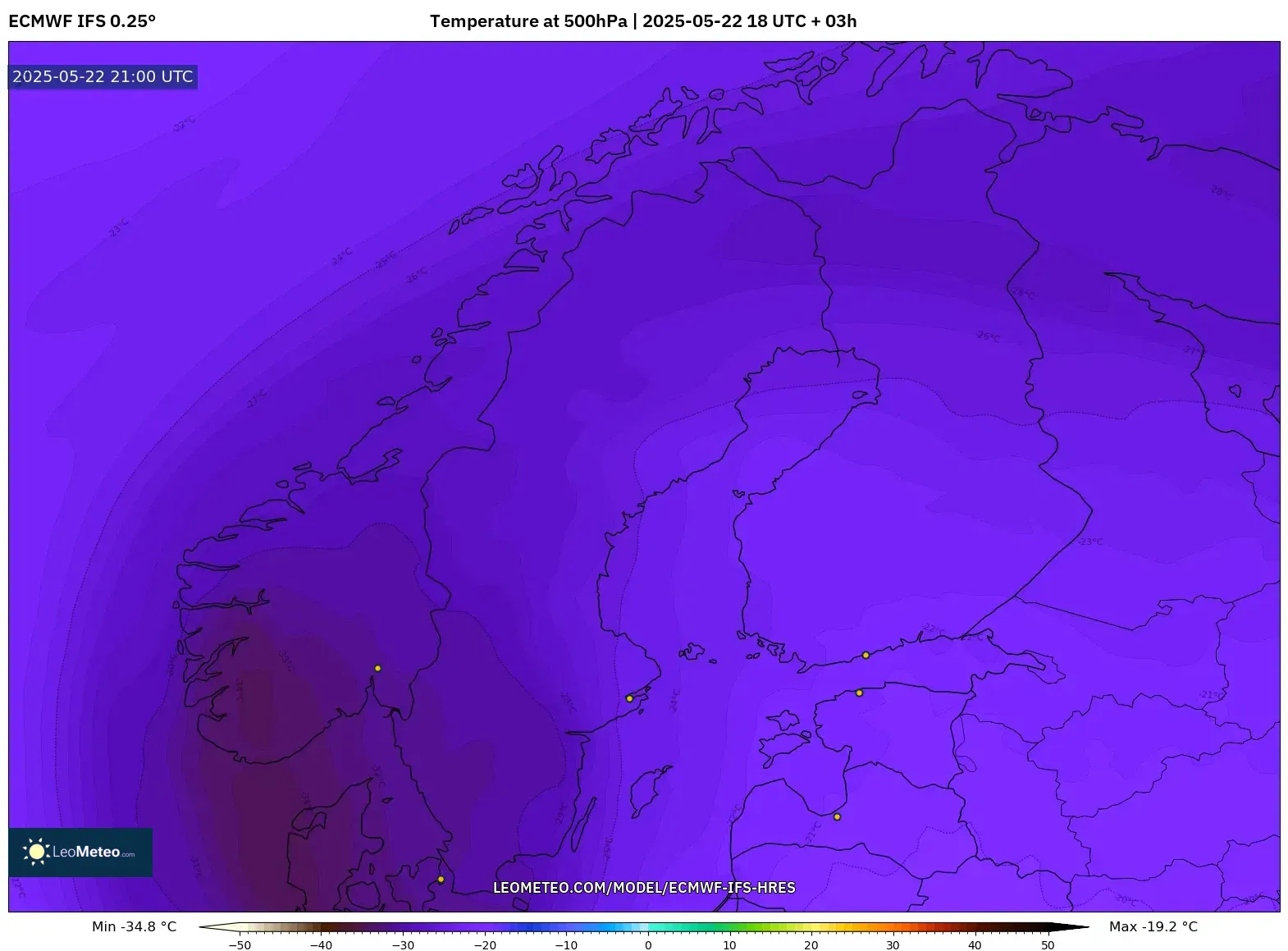 ECMWF IFS 0.25° model - Scandinavia, Temperature at 500hPa ECMWF IFS 0.25° model - Scandinavia, Temperature at 500hPa