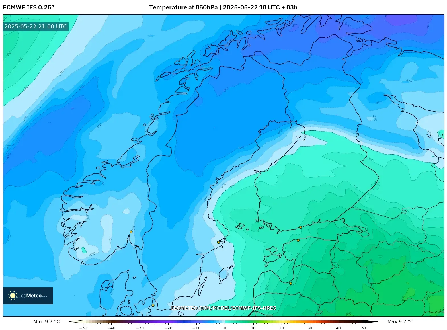 ECMWF IFS 0.25° model - Scandinavia, Temperature at 850hPa ECMWF IFS 0.25° model - Scandinavia, Temperature at 850hPa