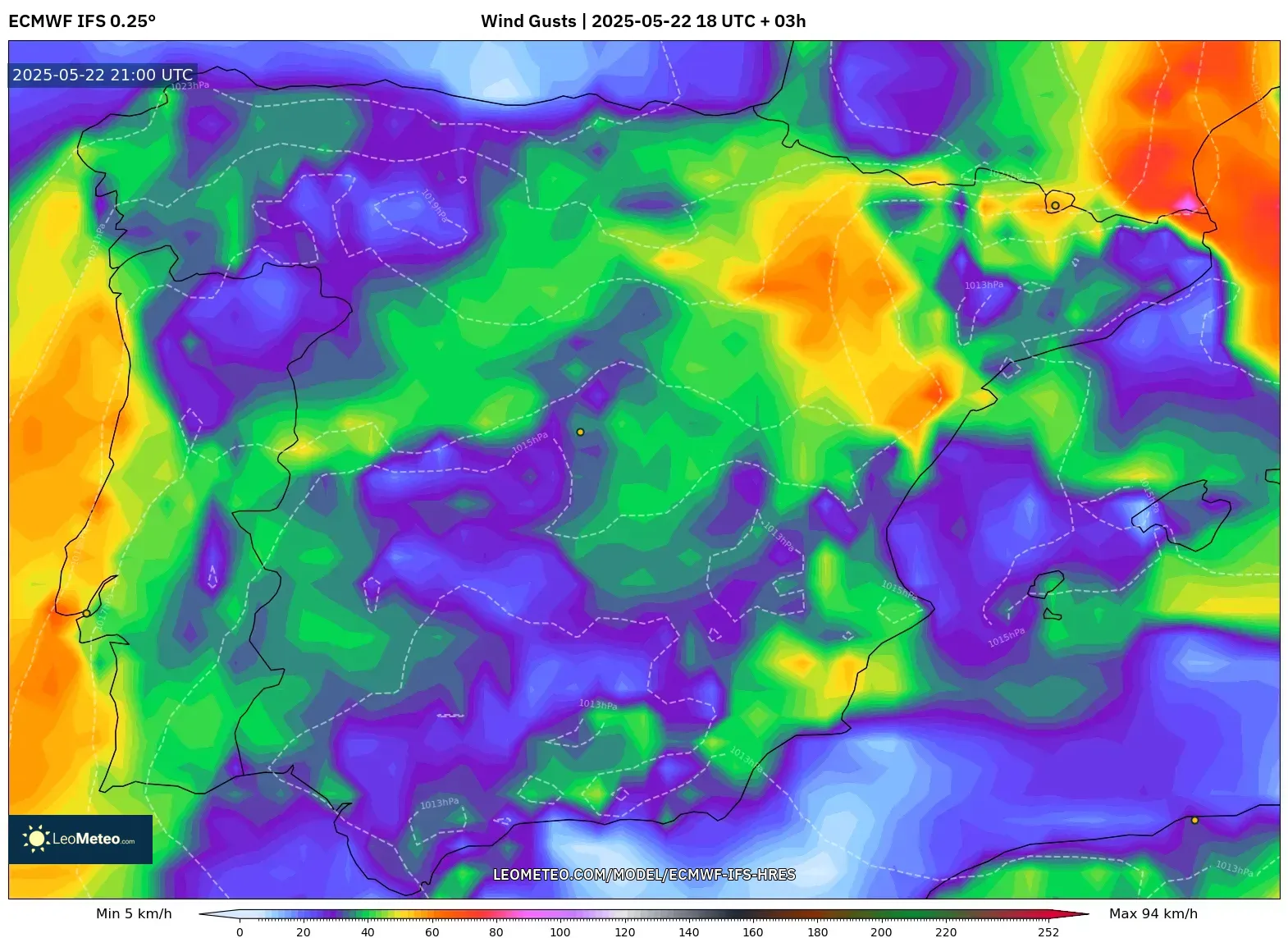 ECMWF IFS 0.25° model - Spain, Wind Gusts ECMWF IFS 0.25° model - Spain, Wind Gusts
