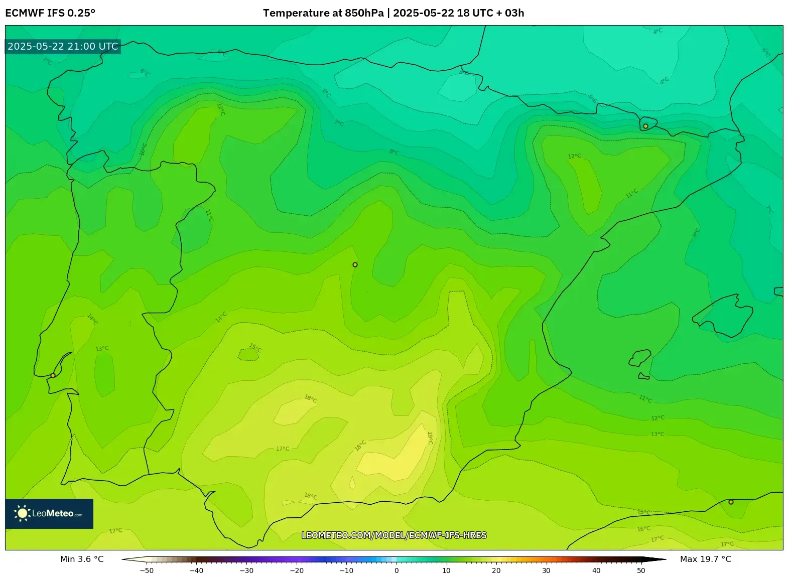 ECMWF IFS 0.25° model - Spain, Temperature at 850hPa ECMWF IFS 0.25° model - Spain, Temperature at 850hPa