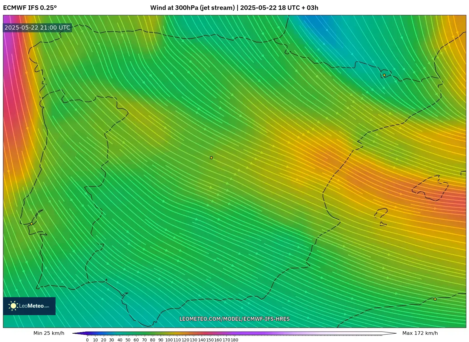 ECMWF IFS 0.25° model - Spain, Wind at 300hPa (jet stream) ECMWF IFS 0.25° model - Spain, Wind at 300hPa (jet stream)