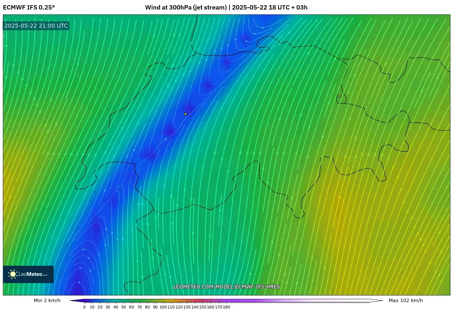 ECMWF IFS 0.25° model - Switzerland, Wind at 300hPa (jet stream) ECMWF IFS 0.25° model - Switzerland, Wind at 300hPa (jet stream)