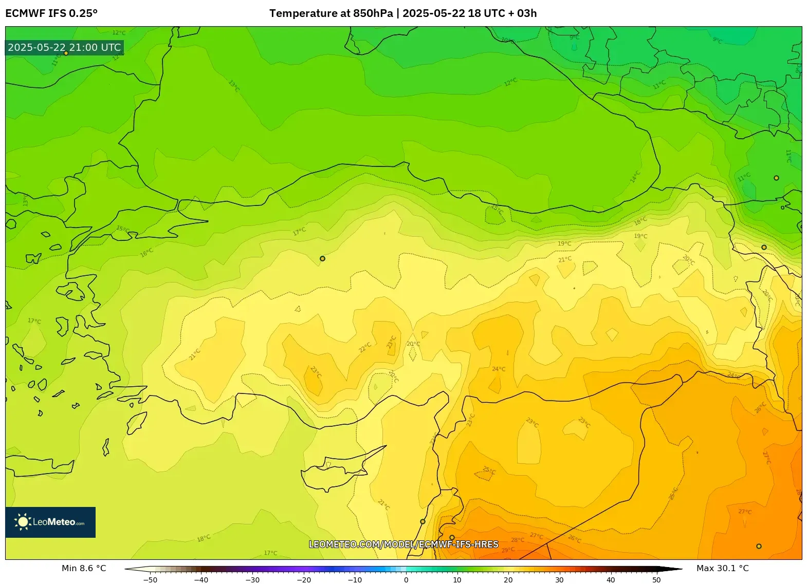 ECMWF IFS 0.25° model - Turkey, Temperature at 850hPa ECMWF IFS 0.25° model - Turkey, Temperature at 850hPa