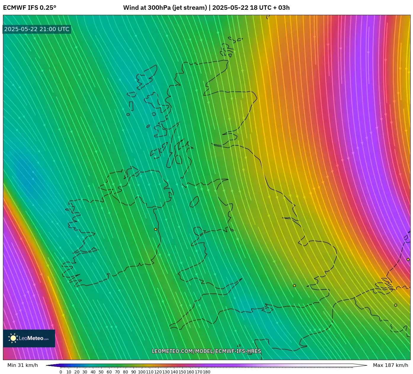 ECMWF IFS 0.25° model - United Kingdom, Wind at 300hPa (jet stream) ECMWF IFS 0.25° model - United Kingdom, Wind at 300hPa (jet stream)