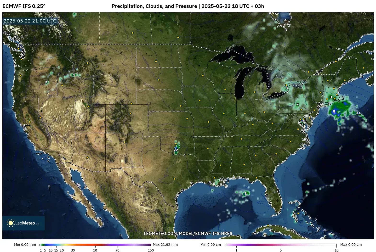 ECMWF IFS 0.25° model - United States, Precipitation, Clouds, and Pressure ECMWF IFS 0.25° model - United States, Precipitation, Clouds, and Pressure