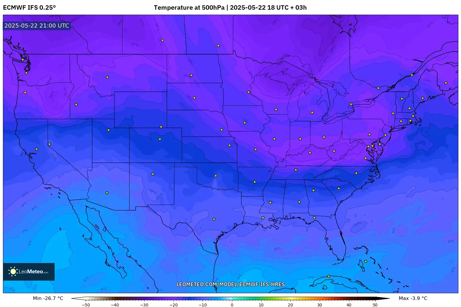 ECMWF IFS 0.25° model - United States, Temperature at 500hPa ECMWF IFS 0.25° model - United States, Temperature at 500hPa