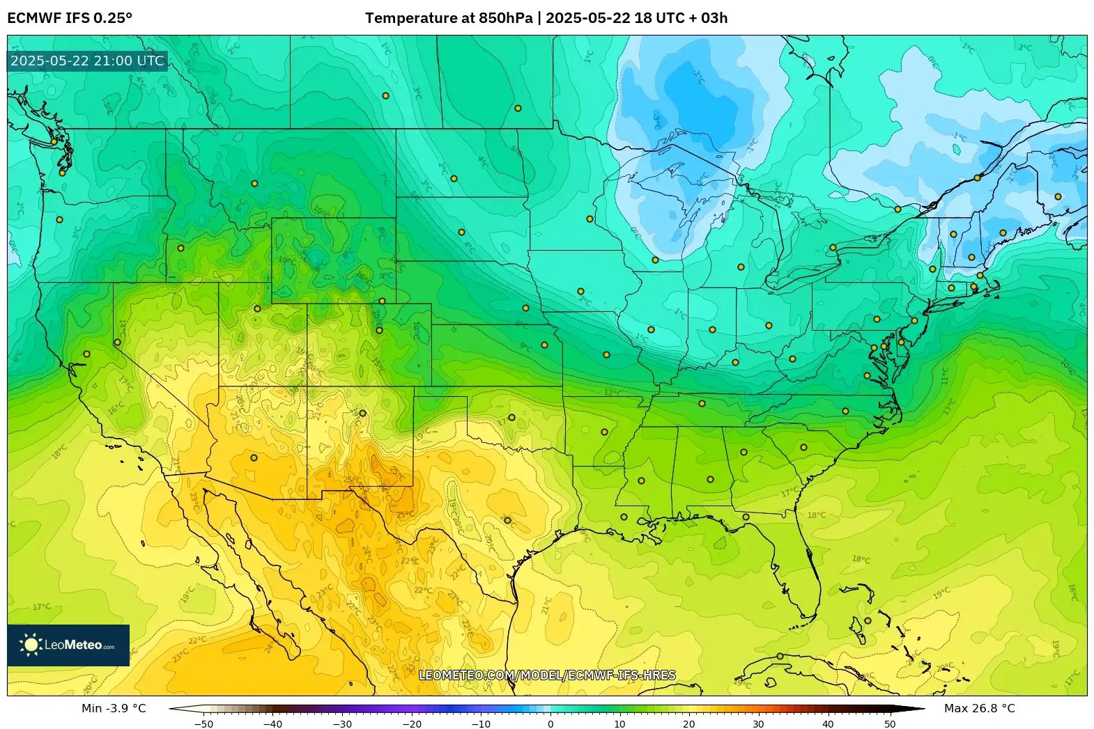 ECMWF IFS 0.25° model - United States, Temperature at 850hPa ECMWF IFS 0.25° model - United States, Temperature at 850hPa