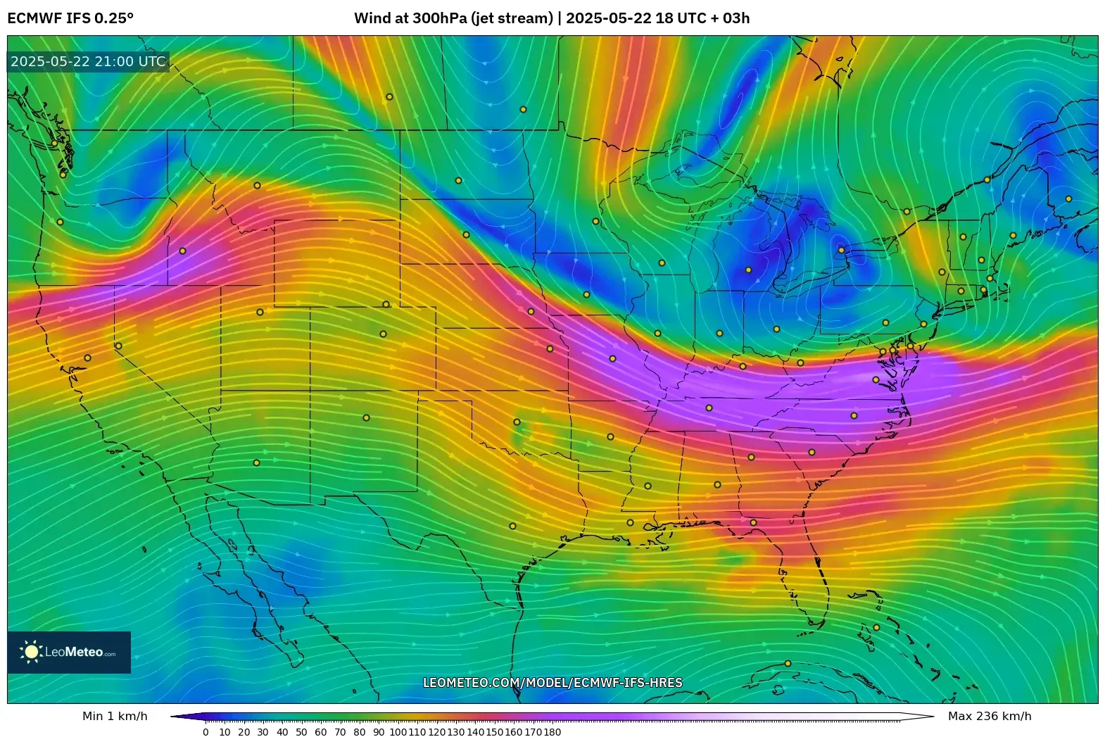 ECMWF IFS 0.25° model - United States, Wind at 300hPa (jet stream) ECMWF IFS 0.25° model - United States, Wind at 300hPa (jet stream)