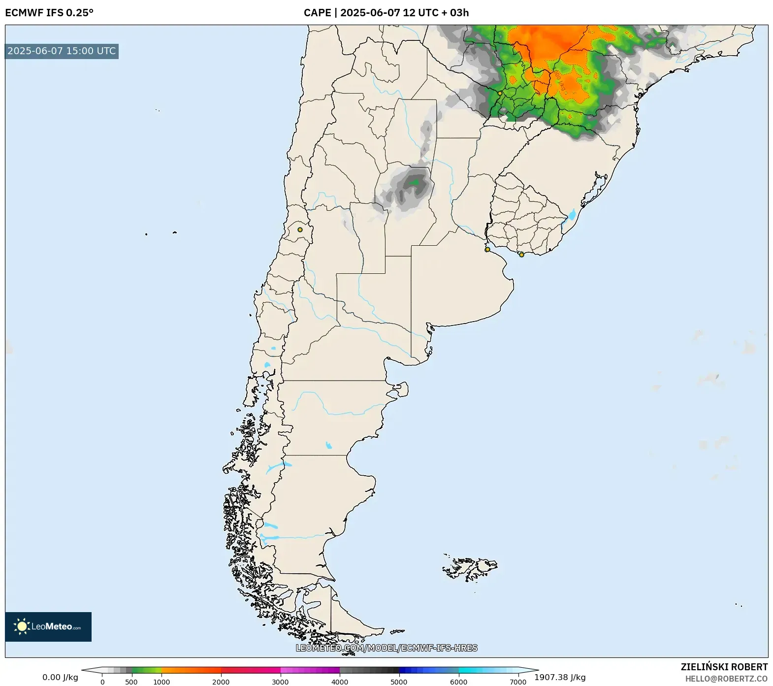 ECMWF IFS 0.25° model - Argentina, CAPE