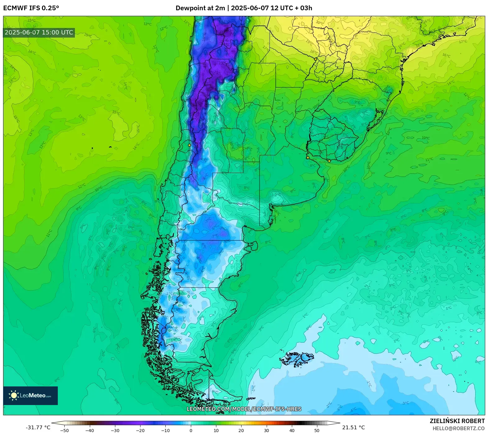 ECMWF IFS 0.25° model - Argentina, Titik Embun 2 m ECMWF IFS 0.25° model - Argentina, Titik Embun 2 m