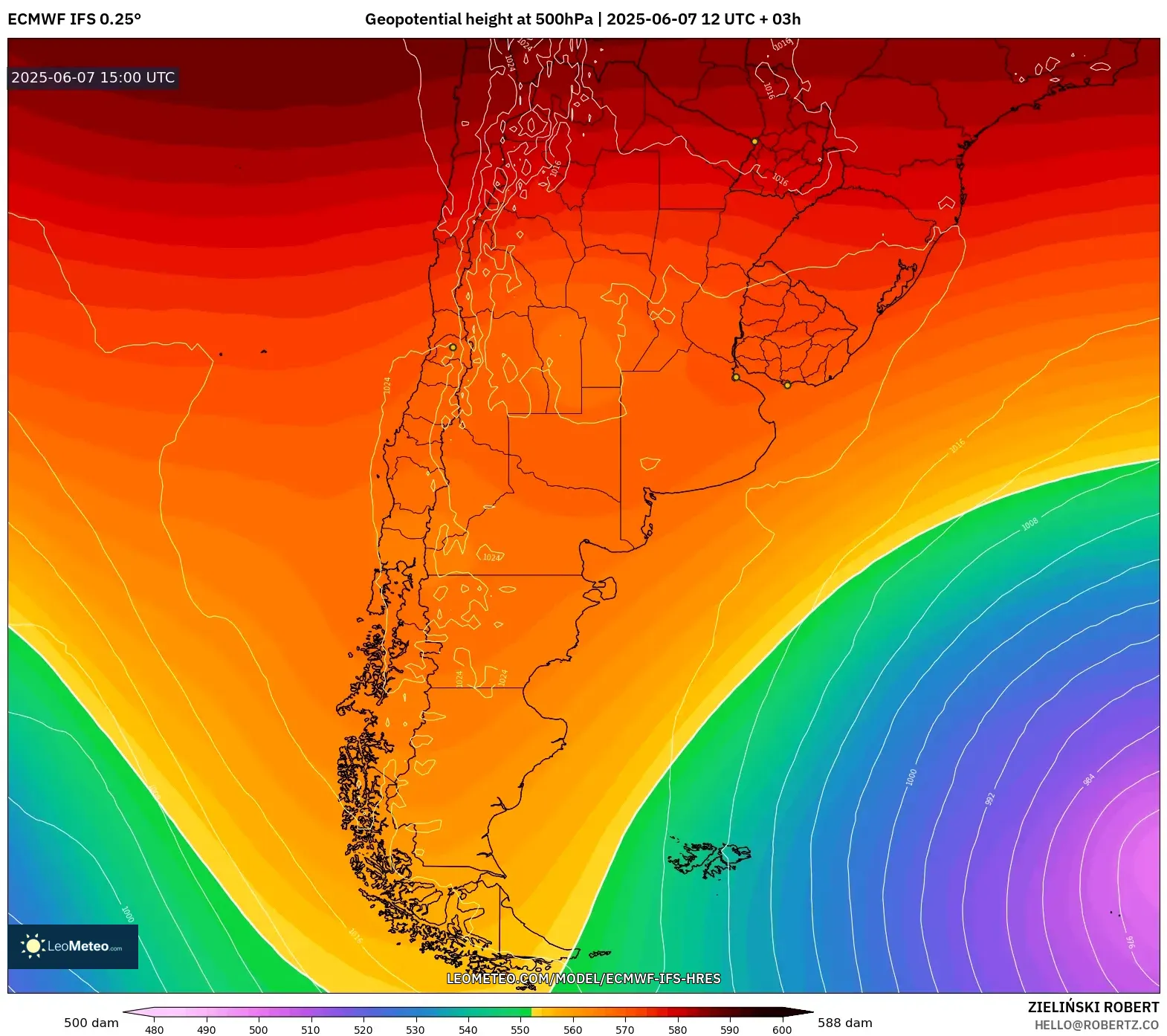 ECMWF IFS 0.25° model - Argentina, Ketinggian geopotensial pada 500 hPa ECMWF IFS 0.25° model - Argentina, Ketinggian geopotensial pada 500 hPa