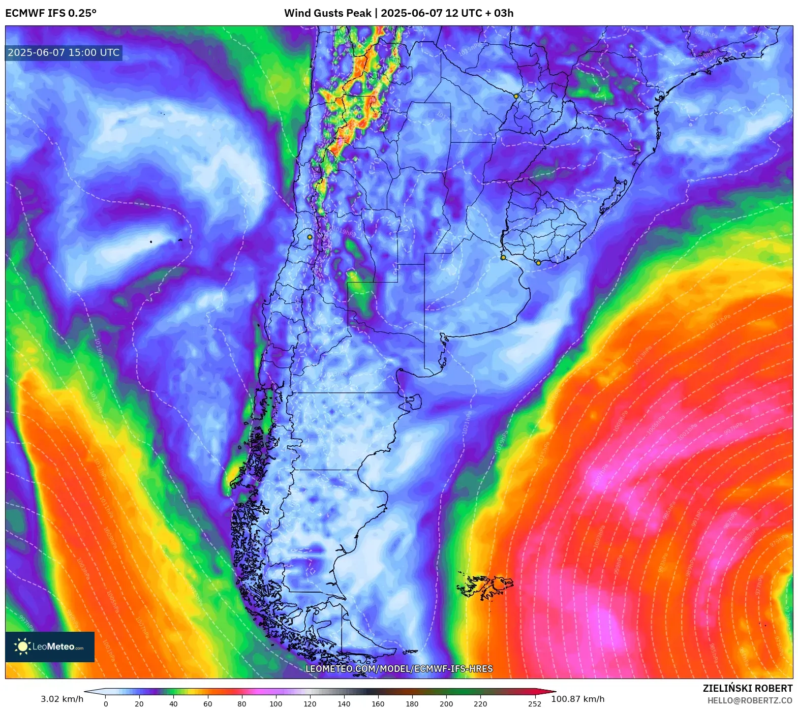 ECMWF IFS 0.25° model - Argentina, Puncak Hembusan ECMWF IFS 0.25° model - Argentina, Puncak Hembusan