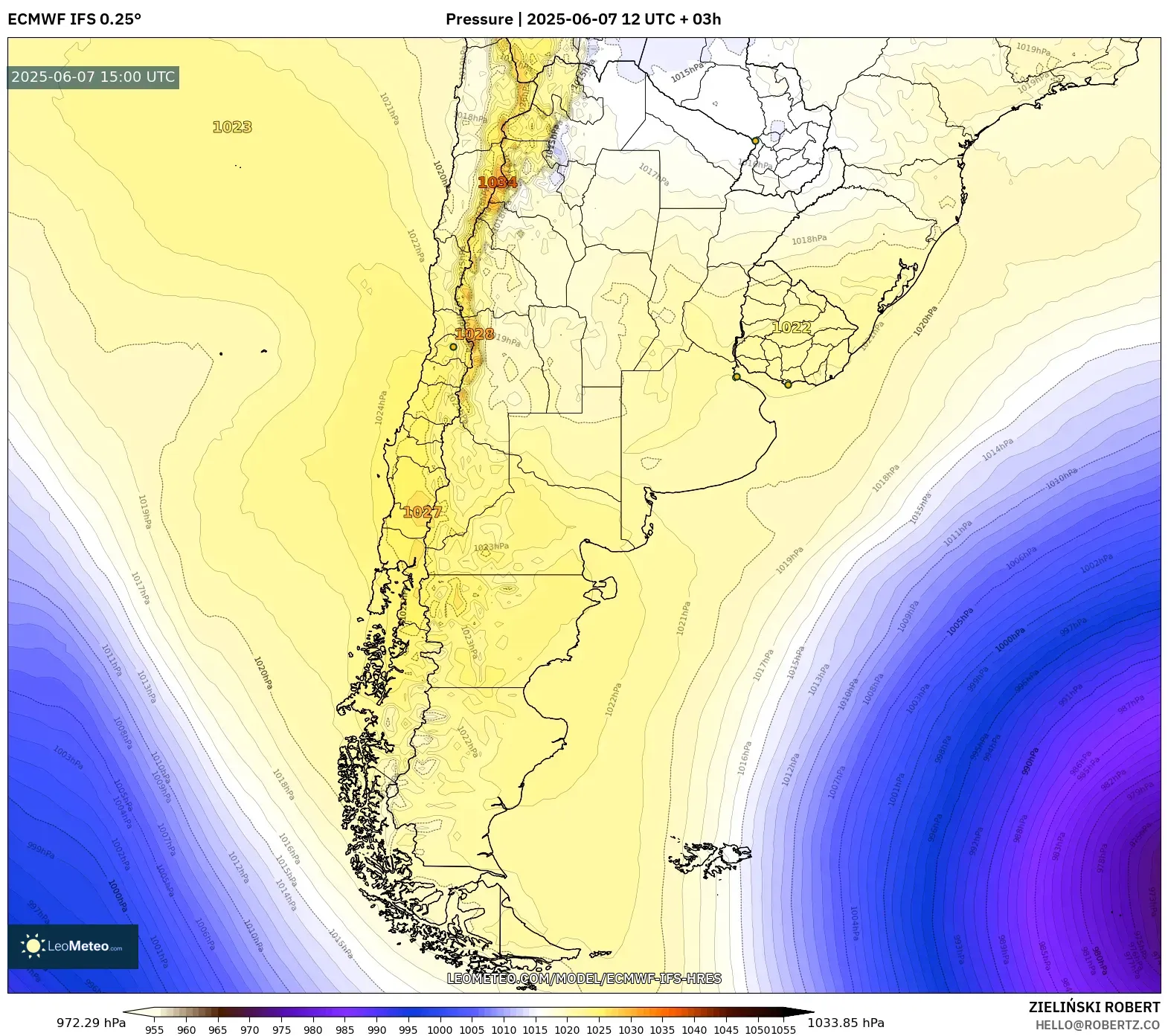 ECMWF IFS 0.25° model - Argentina, Tekanan ECMWF IFS 0.25° model - Argentina, Tekanan