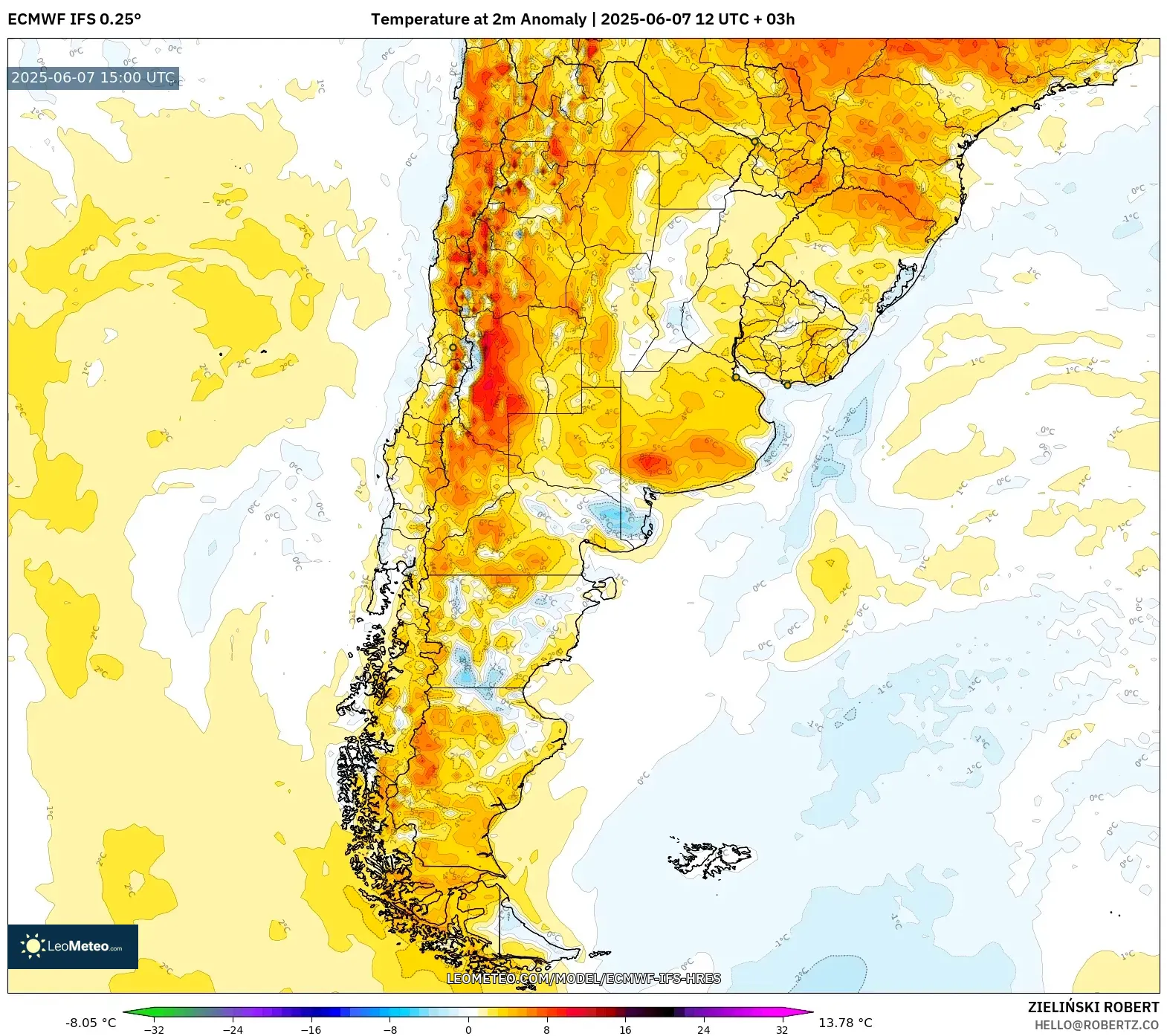 ECMWF IFS 0.25° model - Argentina, Anomali Suhu 2 m ECMWF IFS 0.25° model - Argentina, Anomali Suhu 2 m