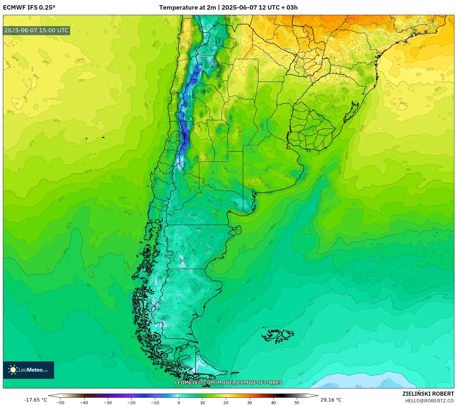 ECMWF IFS 0.25° model - Argentina, Suhu 2 m ECMWF IFS 0.25° model - Argentina, Suhu 2 m